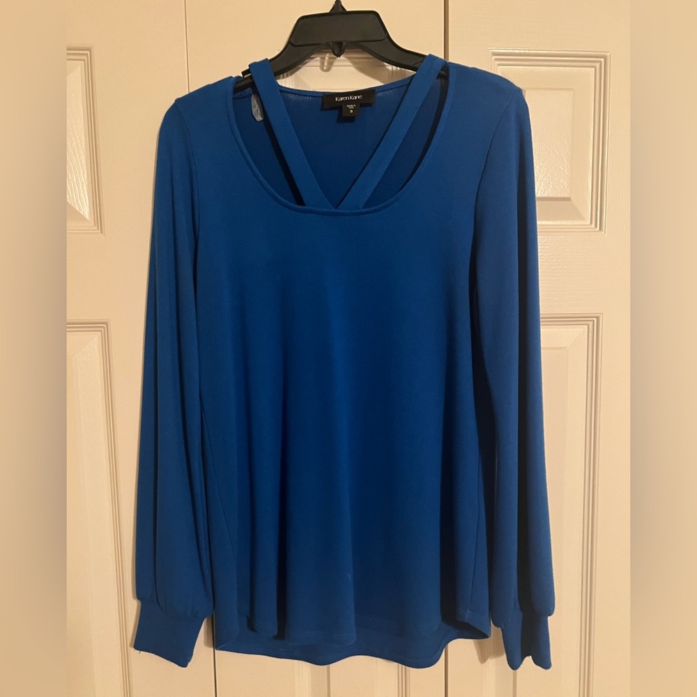 Karen Kane royal blue sweater with detailed neckline, size small.